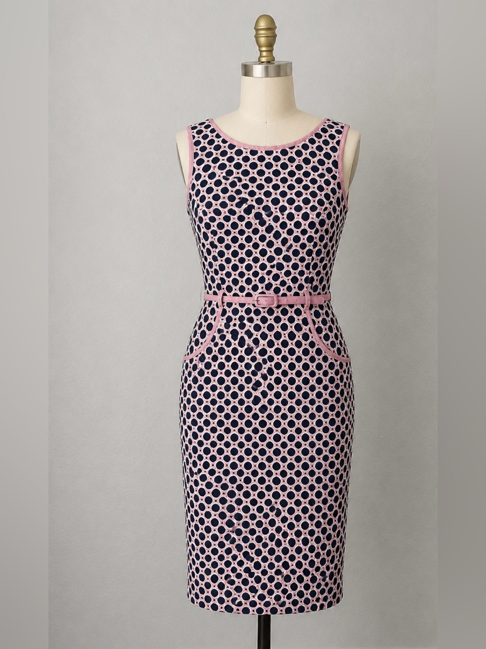 London Times Pink and Navy Polka Sheath Dress
